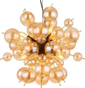 Globo 15633HA Függeszték fém fekete matt, fém arany színű, borostyán színű üveggömbök, fekete PVC kábel, magassága rövidíthető, ø: 550mm, M: 1200mm, üveggömbök átmérője: 24 x 6 cm, 24 x 10 cm, 6x E14 25W 230V izzók nélkül