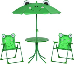 Outsunny Gyermek Kerti Asztal és Szék Szett Piknik Összecsukható Készlet Gyerekeknek Állítható Napernyő 100-125 cm Béka Mintázattal Zöld | Aosom