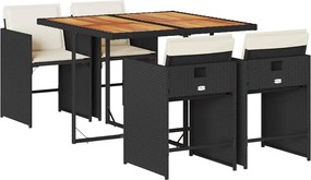 vidaXL 5 részes fekete polyrattan kerti étkezőgarnitúra párnákkal