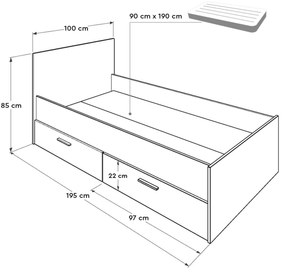 Egyszemélyes ágy 90 cm Vobima 2 (szonoma tölgy + fehér) (ágyráccsal) (tárolóhellyel). 1094834