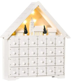 Adventi naptár 24 fiókkal és LED-fényekkel, fehér, 39 x 9 x 42 cm