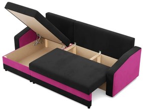 Hewlet sarokkanapé, 2 ágyneműtartóval, szövet anyag, univerzális oldal, hab töltet, fekete - rózsaszín