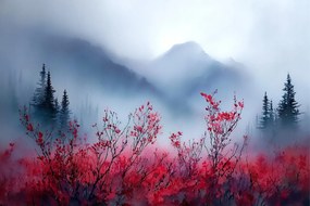 Fotótapéta Flizelina Kilátás Hegyek Erdő Fák Rét Köd Szürke 416x254 ragasztó