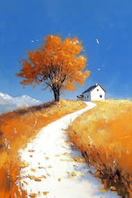 Vászonkép Canvas Tájkép Ősz Mező Út Falu Fa Ház 40x60