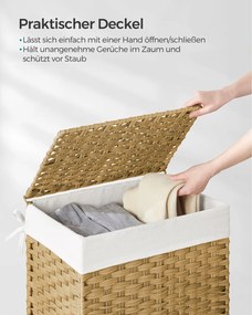 Kézzel fonott rattan szennyeskosár, összecsukható, kivehető zsákkal 90L, sárga