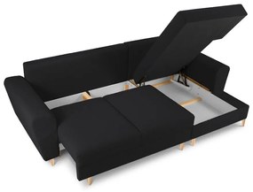 Fekete buklé kinyitható tárolóhelyes sarokkanapé (jobb oldali-heverő résszel) Kyoto – Cosmopolitan Design