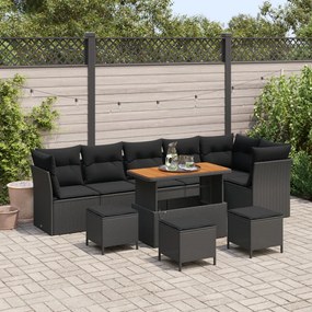 10 darabos kert kanapé szett párnákkal fekete poli rattan akáciával, 4 darabos kert étkező szett párnákkal fekete poli rattan akáciával