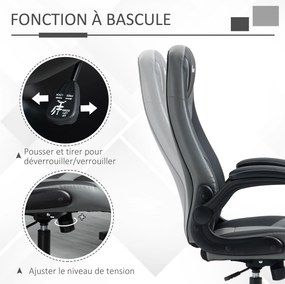 Vinsetto Ergonomikus Játékos Szék Forgatható Fém Kerek Alappal 360° Kb. Magasságban Állítható Fejtámasz, Összecsukható Karfa PVC Szürke Fekete | Aosom