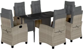 vidaXL 7 részes világosszürke polyrattan kerti étkezőszett párnával
