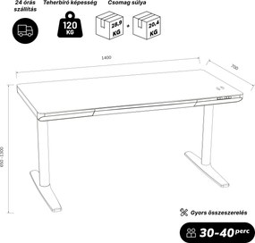 Elektromos ülő-álló íróasztal fiókkal és Qi vezeték nélküli töltővel fehér/aranytölgy, 1400 mm: ELLIS