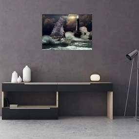Kép - Viharos hullámokon áthajózó hajó (üvegen) (70x50 cm)