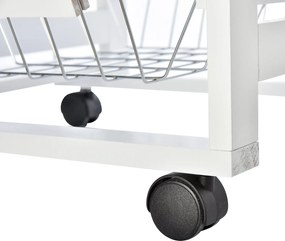 HOMCOM Konyhai Szervizkocsi Kerekekkel, Több Tárolási Lehetőséggel, 3 Fém Kosárral, Fiókkal + 2 Üvegtartóval, Fehér Fenyőfa | Aosom