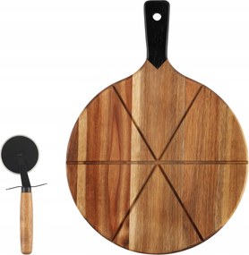 Fa Pizzadeszka Kerek Pizzatartóval, Vágókéssel