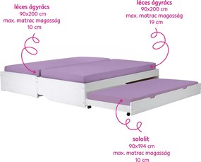 Ágy kihúzható pótágyakkal, fehér, tömörfa, 90x200, FLOPY