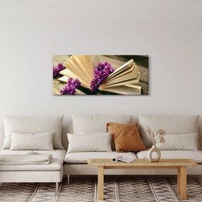 Kép egy könyvröl és a lila virágok (120x50 cm)