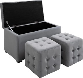 HOMCOM 3 részes tárolószett, 2 x puff, kárpitozott pad, lábtartó, tárolódoboz, max. 130 kg, mikroszálas anyag, hab, 75 x 40 x 42 cm, világosszürke | A