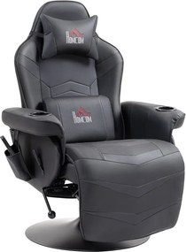 HOMCOM Prémium Gamer Szék, masszázs funkció, dönthető háttámla, lábtartó, acél keret, műbőr, fekete