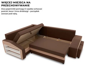 Grande sarokkanapé polcokkal és puffokkal , polc a bal karfaban puffok a jobb karfaban, baloldali, szövet anyag, bonell töltet, barna