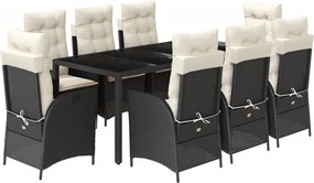 vidaXL 9 részes fekete polyrattan kerti étkezőgarnitúra párnákkal