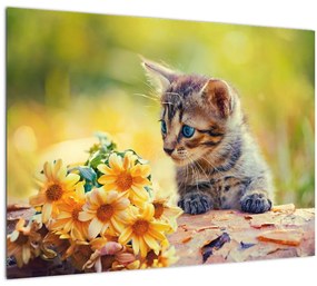 Macska képe ahogy a virágot nézi (70x50 cm)