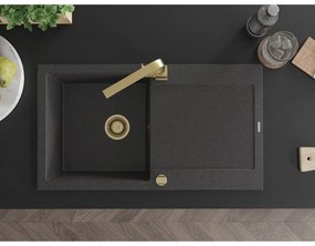 Mexen Leo, gránit mosogató 900x500x190 mm, 1 kamrás, fekete foltos arany szifonnal és arany Rita mosogató csaptelep, 6501-76-670300-50