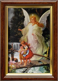 Vászonkép 18x13 Őrangyal Angyal Barna Arany Díszített Fa Keret