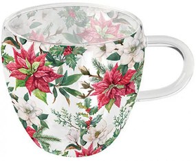 Mikulásvirágos karácsonyi duplafalú borosilicate üveg csésze Christmas florals