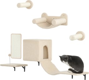 PawHut 6 Darabos Macska Mászófal Szett - Macska Polcok Condo Platformmal, Hintaággyal, Lépcsővel, Ülőfallal, Kaparódeszkával és Játékfallal - Beige |