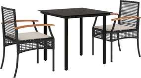 vidaXL 3 részes fekete polyrattan kerti étkezőgarnitúra párnákkal