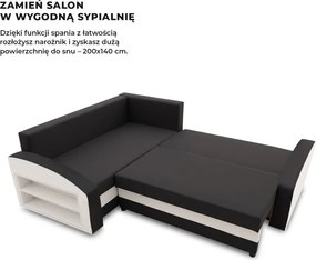 Grande sarokkanapé polcokkal , polc a bal karfaban, baloldali, szövet anyag, bonell töltet, fekete - fehér