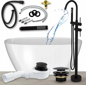 Kád 150 Szabadonálló Kád Csaptelep Szifon Klikk Klakk Fekete 10in1 Szett