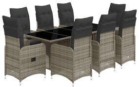 9 részes szürke polyrattan kerti bisztrógarnitúra párnákkal