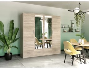 SANNA gardróbszekrény tükörrel, 200x215 cm, sonoma tölgy