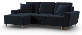 Sötétkék bársony kinyitható tárolóhelyes sarokkanapé (bal oldali-heverő résszel) Kyoto – Cosmopolitan Design