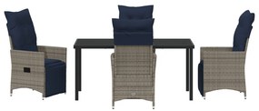 5 részes kerti étkezőszett párnákkal szürke poli rattan, Kerti Asztal Fekete 160x80x73 cm Edzett Üveg