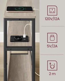 Keskeny oldal asztal töltő funkcióval 3 polcos, 18 x 45 x 58 cm Greige szürke fekete lábakkal