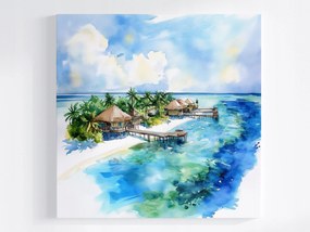 Canvas Egzotikus Sziget Óceán Kunyhók Maldív-szigetek Pálmafák 40x40