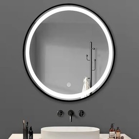 TMP IRON fürdőszoba tükör - FEKETE keret - kerek - LED világítással - érintésmentes kapcsoló - 90 cm