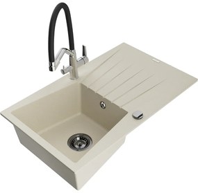 Mexen Cesar 1-medencés gránit mosogató csepegtetővel és Duo konyhai csappal, bézs - 6514-69-671701-07-B