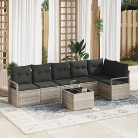 7 darabos Kerti Sofa Szett Párnákkal Szürke Polirattan, 2-fős Kerti Sofa Párnákkal Szürke Polirattan