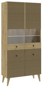 Mazzoni BERLINI 4D Vitrines szekrény Artisan Tölgy/Fekete - 2 AJTÓS SZEKRÉNY BORDÁZOTT ELŐLAPOKKAL