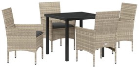 5 Darabos Kerti Étkezőszett Párnákkal Világosszürke Poli Rattan, Kerti Asztal Fekete 80x80x73 cm Edzett Üveg