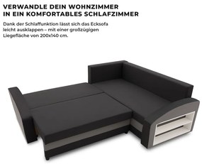 Grande sarokkanapé polcokkal , polc a jobb karfaban, jobboldali, szövet anyag, hab töltet, fekete - szürke