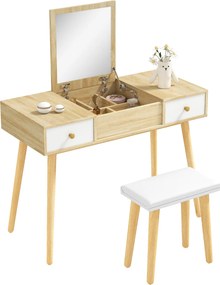 HOMCOM Smink Tükörrel Ellátott Képzőasztal Párnázott Székkel, 100x45x118 cm Természetes Szín | Aosom