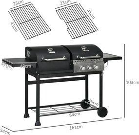 Outsunny Gázgrill, hőmérővel és melegen tartó tányérokkal, fekete és ezüst