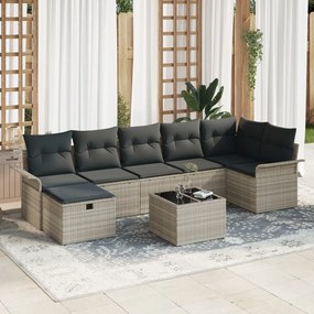 8 Darabos Kertkanapé Szett Párnákkal Világosszürke Poli Rattan, 2 Személyes Kertkanapé Tárolóval & Párnákkal Világosszürke Poli Rattan