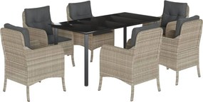 vidaXL 7 részes világosszürke polyrattan kerti étkezőszett párnával