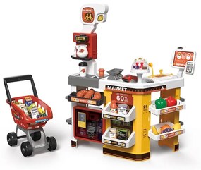 Szupermarket játékkészlet, 54 tartozék, hangok, fények, POS, szkenner, bevásárlókosár, többszínű