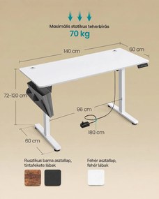 SONGMICS elektromosan állítható magasságú íróasztal 4 memóriahellyel, 140 x 60 x 72–120 cm, max. 70 kg, felhőfehér