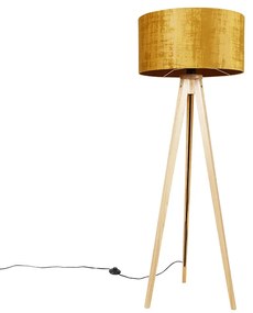 Állólámpa fa lábbal, arany színű szövet árnyékolóval 50 cm - Tripod Classic